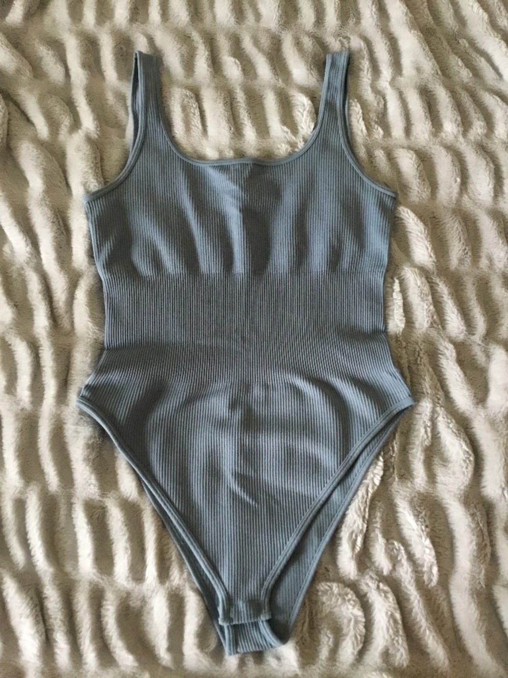 OQQ Light Blue Ribbed Square Neck Bodysuit